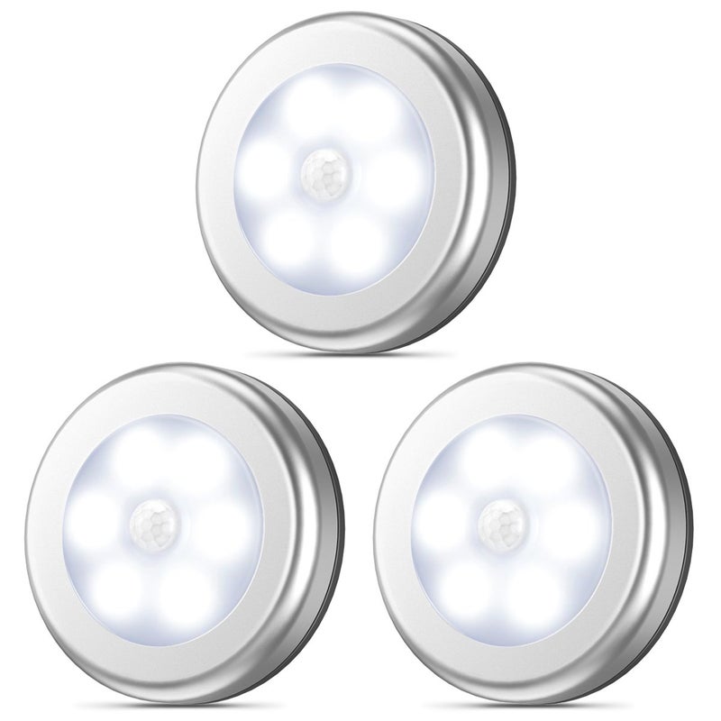 AMIR Upgraded 3.15â€ Motion Sensor Light, 3 Pack Stick on Cordless Battery-Powered LED Night Light, Closet Lights, Stair Lights, Safe Lights for Hallway, Bathroom, Bedroom, Kitchen (Silver - White) - Image 1